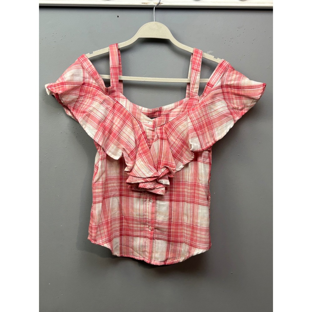 Buffalo David Bitton‎ Raspberry Rose Plaid Ruffle Off Shoulder XS Top